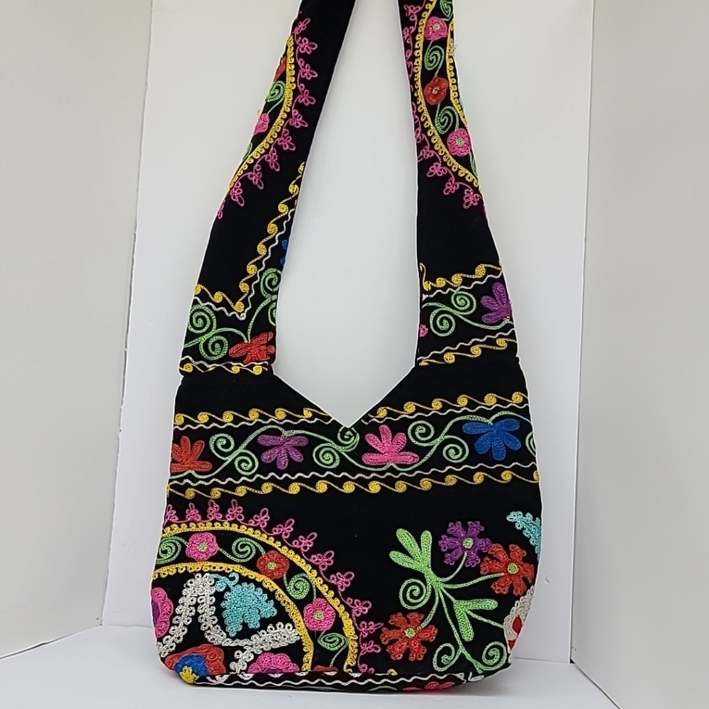 Handmade Embroidered Hobo  Bag Black Velvet Multicolor Embroidered Flowers